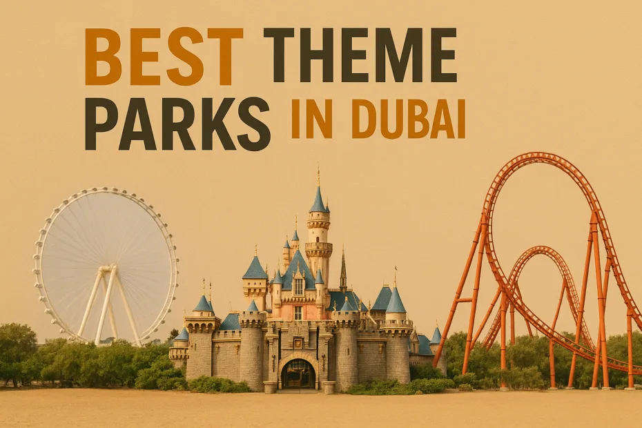 Families enjoying roller coasters and water attractions at Dubai theme park