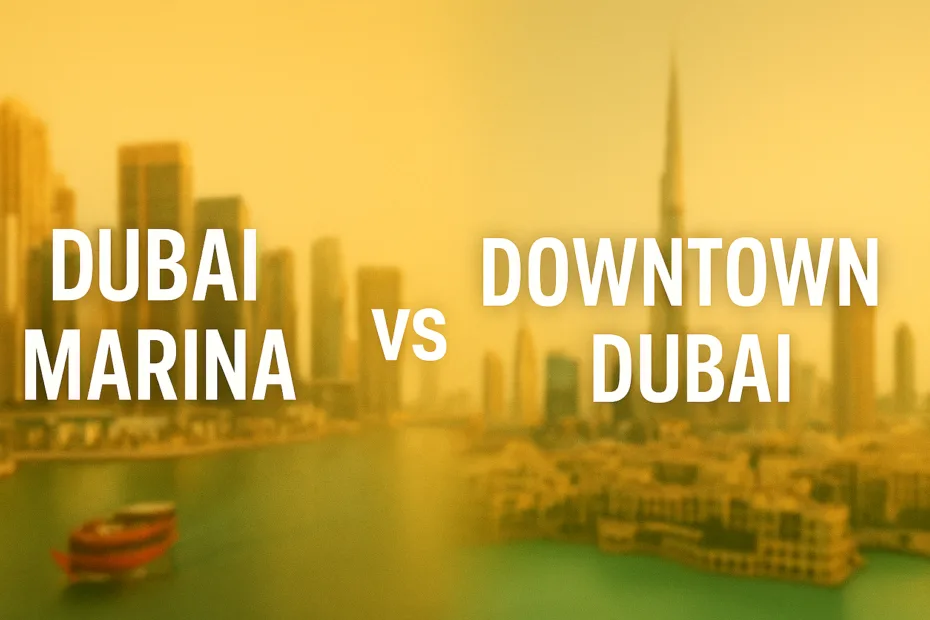 Aerial view comparing Dubai Marina skyline and Downtown Dubai skyscrapers