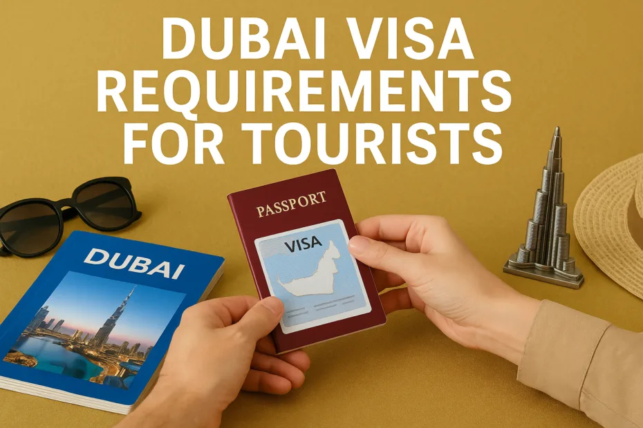 Tourist arranging Dubai visa documents passport and travel guide