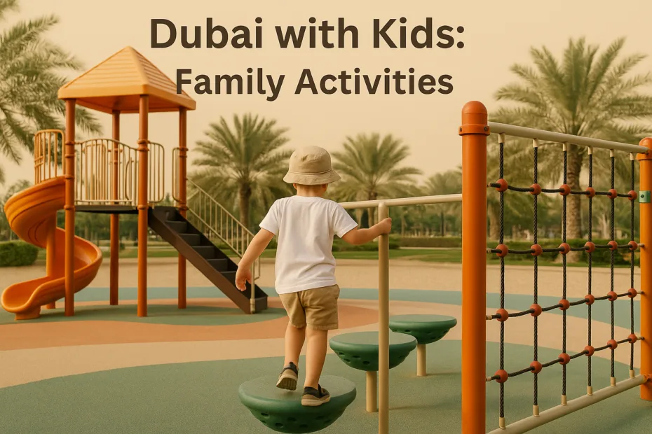 Family enjoying outdoor activities with kids against Dubai skyline