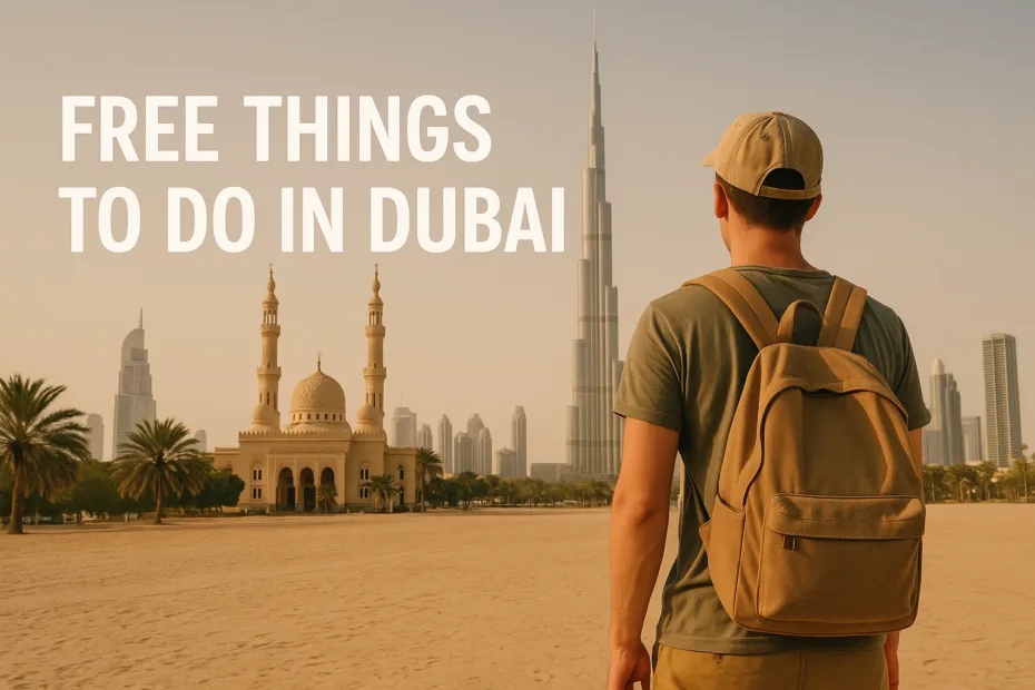 Visitors enjoying free public beach with Dubai skyline views