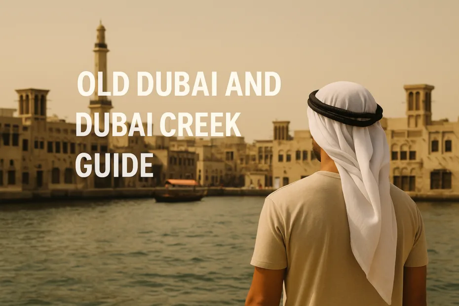 Old Dubai Creek waterfront with traditional abras historic wind towers and bustling spice souks