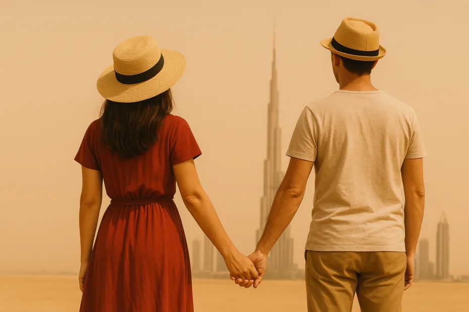 Romantic couple enjoying sunset dhow cruise along Dubai Marina skyline