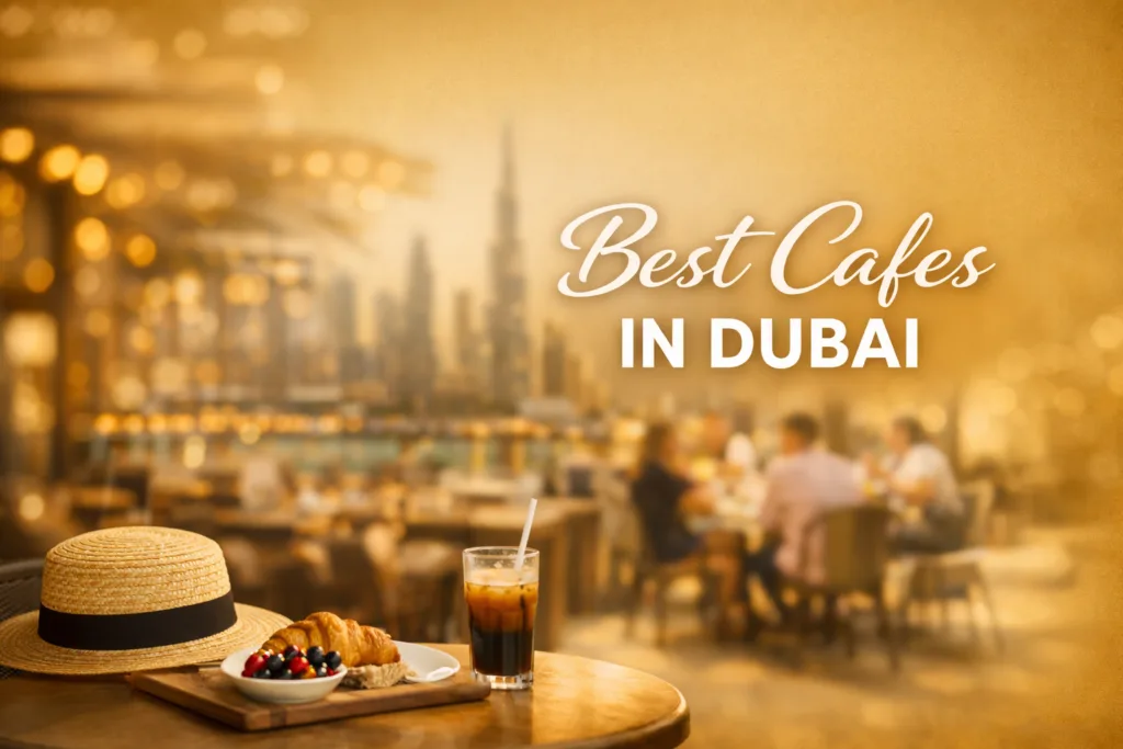 Golden toned Dubai cafe table with croissant and iced coffee, blurred city skyline and outdoor cafe seating in the background