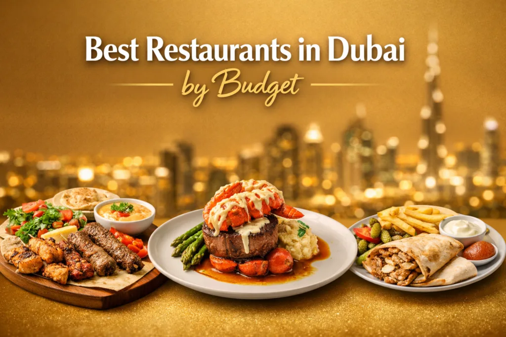 Dubai skyline with luxury steak and seafood, Middle Eastern mixed grill, and shawarma dishes on a golden background