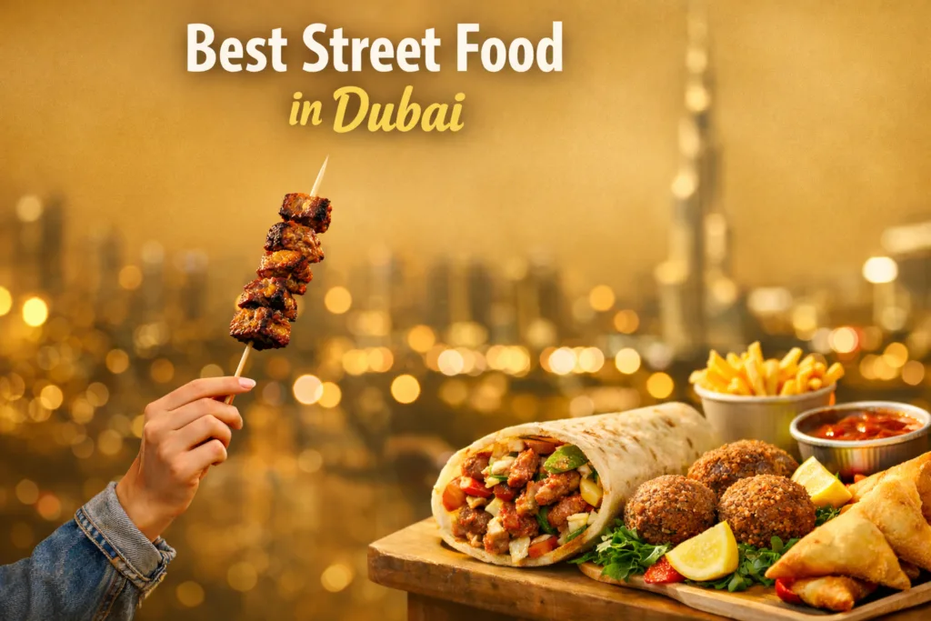 Best street food in Dubai featuring shawarma, falafel, samosas and grilled meat with a golden blurred Dubai city skyline