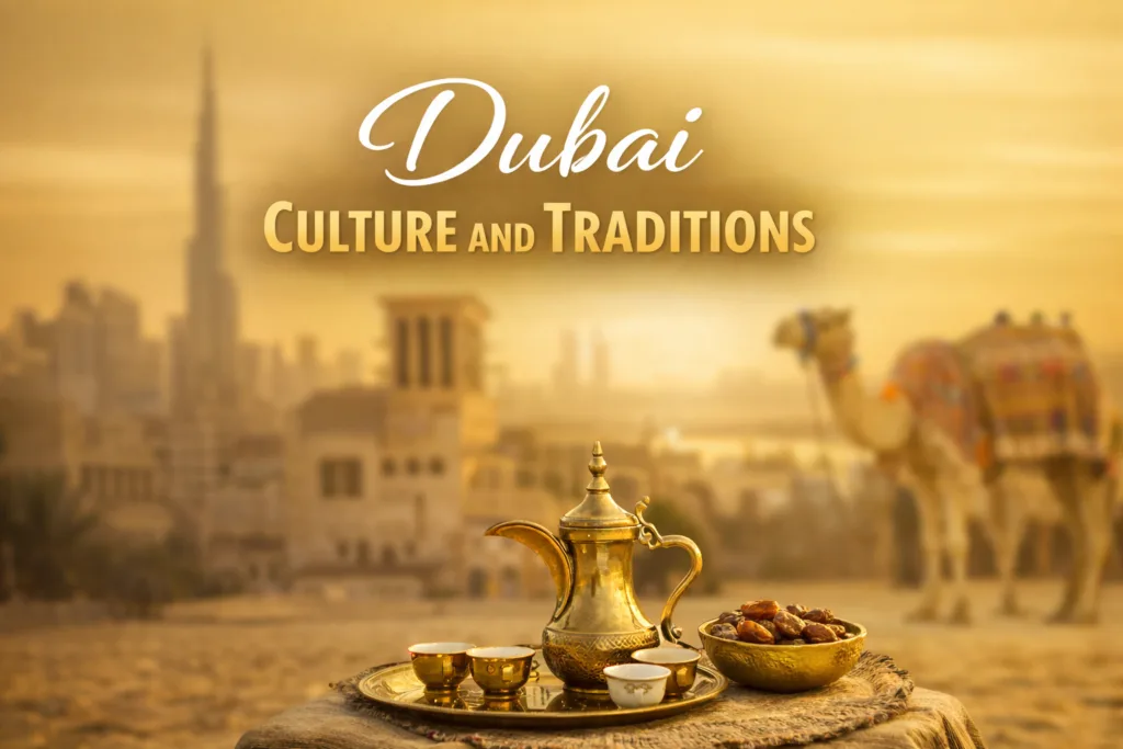 Dubai culture and traditions with golden dallah coffee set, dates, camels, blurred skyline