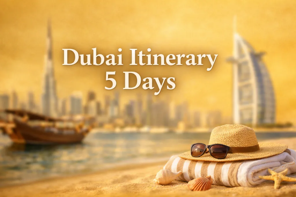 Dubai skyline with Burj Khalifa and Burj Al Arab blurred in golden background, beach towel, straw hat and dhow boat in foreground