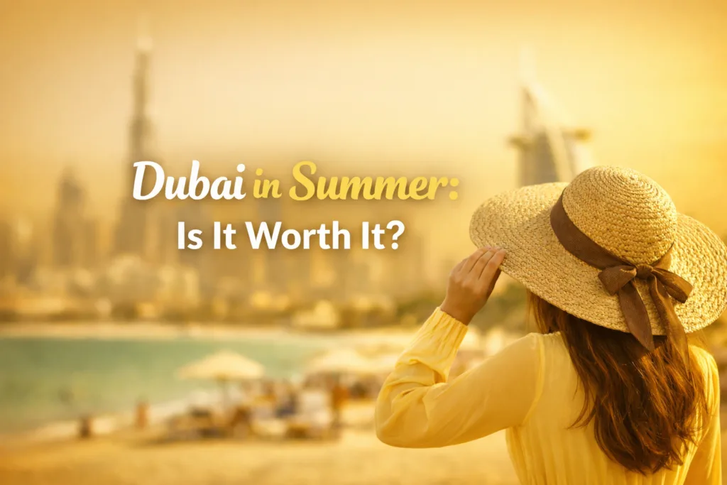 Woman in a long yellow dress and straw hat overlooking a blurred Dubai skyline with Burj Khalifa and beach in golden summer light