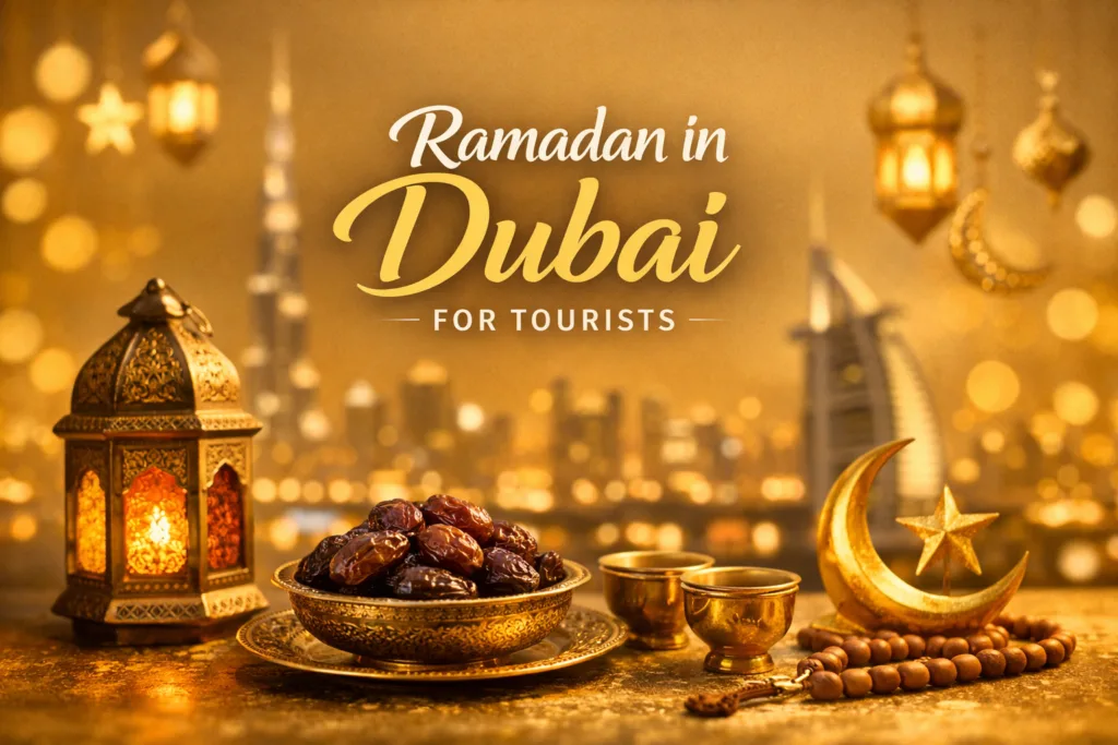 Golden Ramadan lantern, dates and crescent with blurred Dubai skyline at night