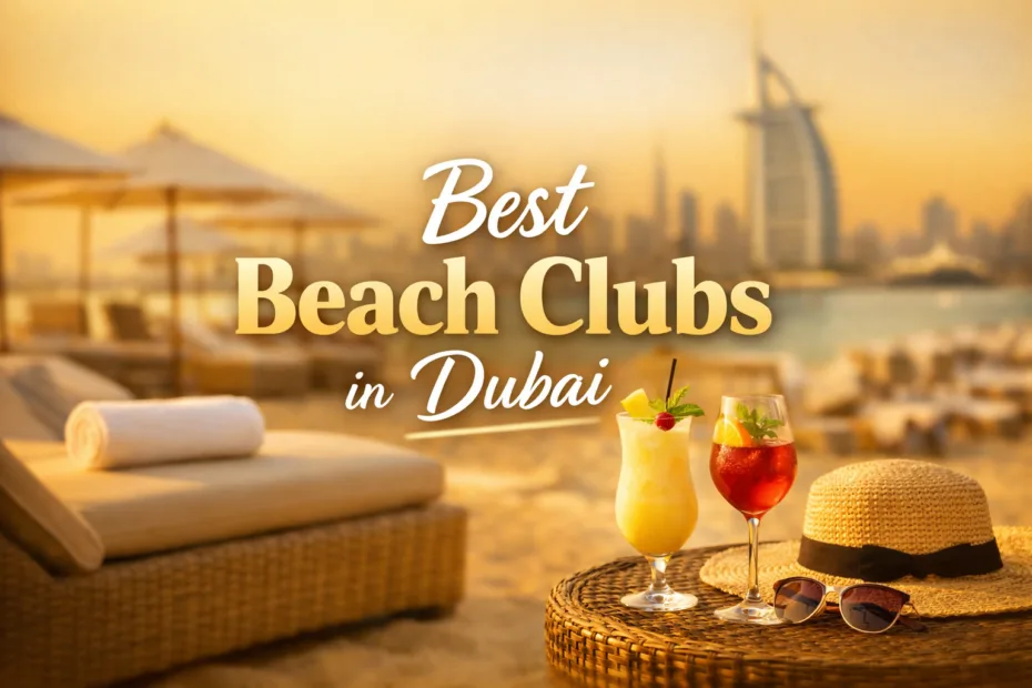 Dubai beach club with infinity pool sun loungers and skyline views
