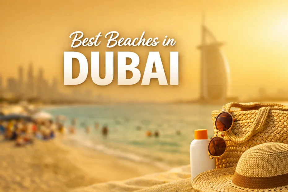 Blurred golden beach background in Dubai with Burj Al Arab, sea, and summer beach accessories in the foreground