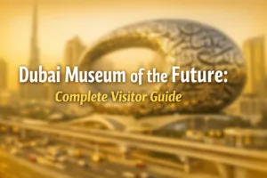 Dubai Museum of the Future building with futuristic architecture and Arabic calligraphy facade