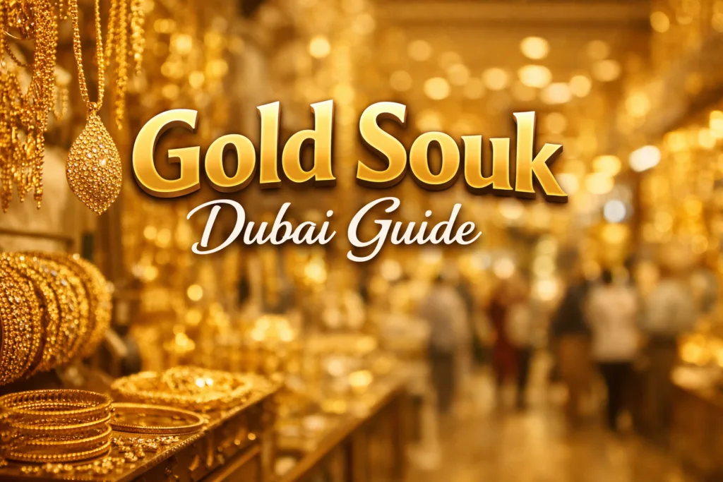 Gold jewelry displays in Dubai Gold Souk with warm golden tones and a softly blurred traditional market background