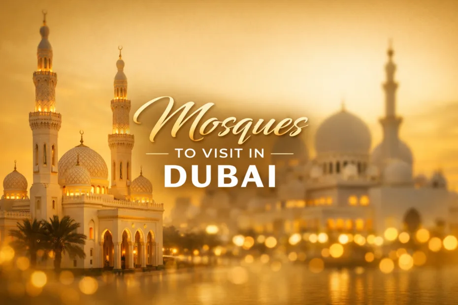 Iconic Dubai mosque domes and minarets amid city skyline