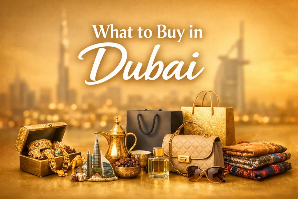 Selection of must buy items in Dubai gold jewelry perfumes spices and souvenirs