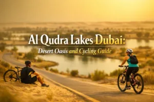 A cyclist riding along a scenic path at Al Qudra Lakes Dubai with calm water and lush greenery in the background.