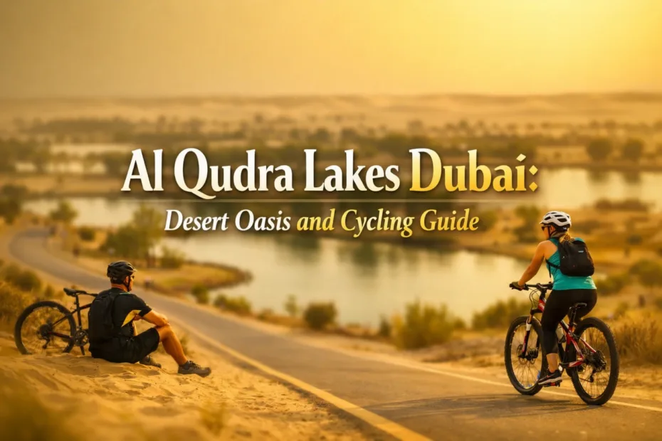 A cyclist riding along a scenic path at Al Qudra Lakes Dubai with calm water and lush greenery in the background.