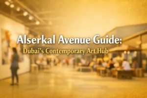 Alserkal Avenue in Dubai shows a lively art gallery filled with colorful paintings on the walls.