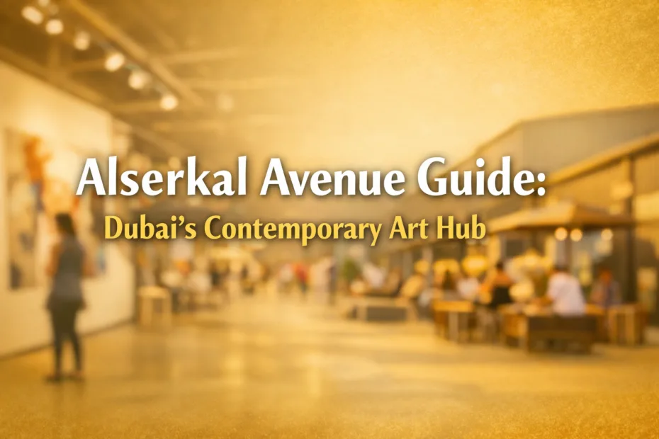 Alserkal Avenue in Dubai shows a lively art gallery filled with colorful paintings on the walls.