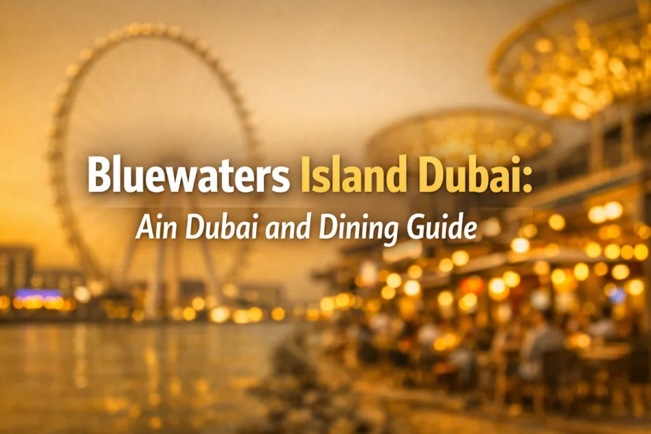 A view of the illuminated Ain Dubai Ferris wheel at Bluewaters Island Dubai at night.