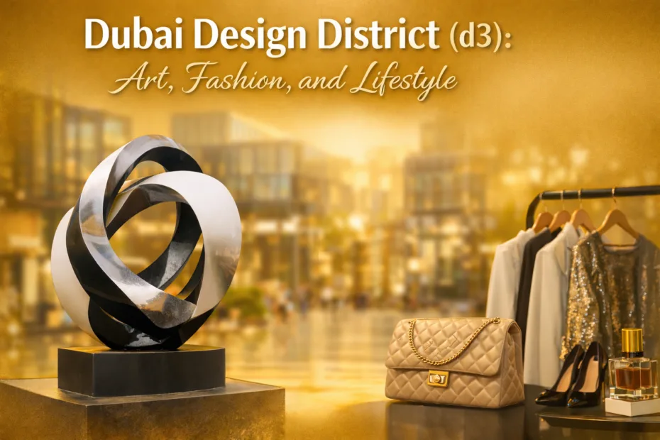 A colorful sculpture in Dubai Design District with modern buildings in the background.