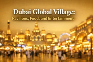 Dubai Global Village pavilions showcasing international cuisine and live family entertainment