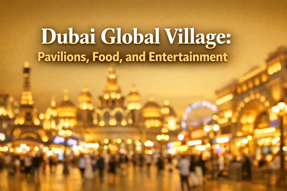 Dubai Global Village pavilions showcasing international cuisine and live family entertainment