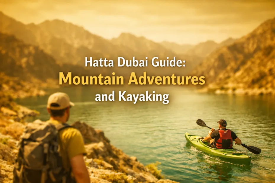 People kayaking on a calm river with lush mountains in the background in this Hatta Dubai adventure photo.