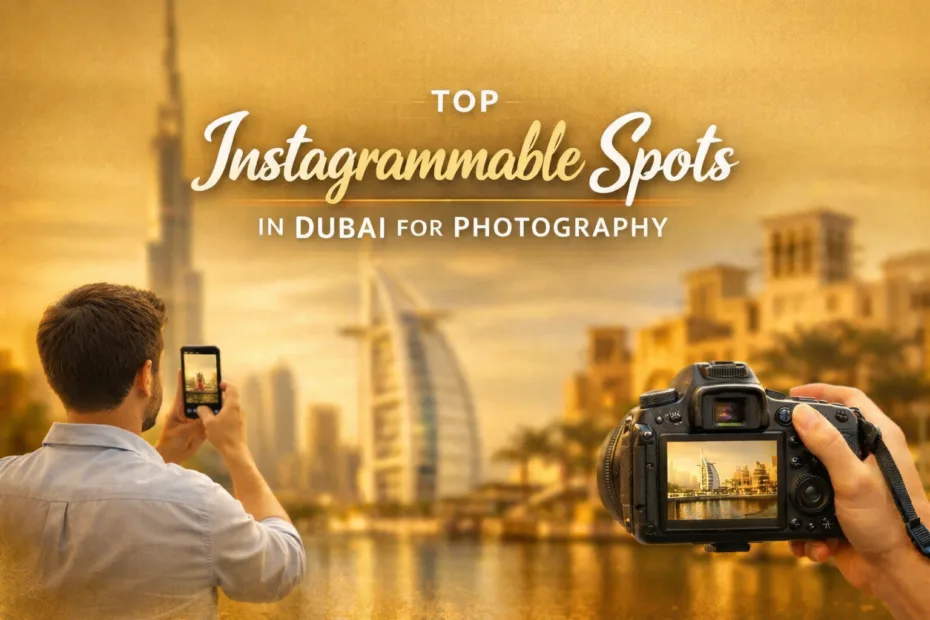 A person takes a photo of the Dubai skyline with iconic skyscrapers during sunset.