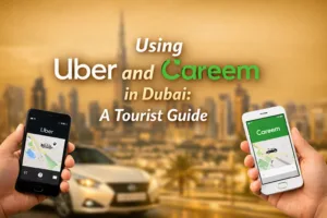 A person holding a phone with Uber and Careem apps open while cars pass by on a busy Dubai street.