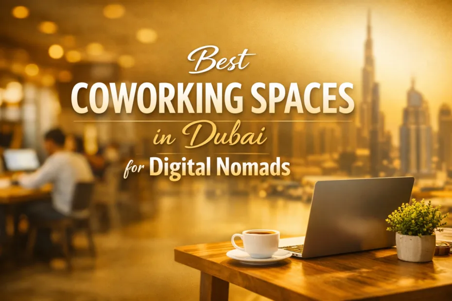 A bright coworking space in Dubai with a laptop and coffee cup on the desk.
