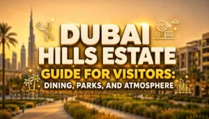 Dubai Hills Estate guide for visitors showing outdoor dining, lush parks, and a lively atmosphere.