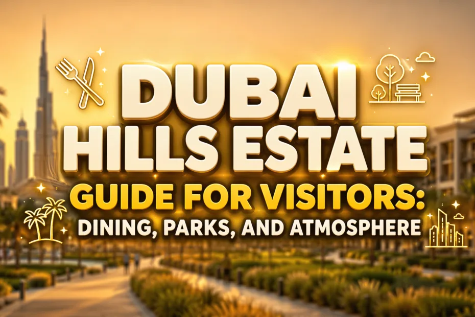 Dubai Hills Estate guide for visitors showing outdoor dining, lush parks, and a lively atmosphere.