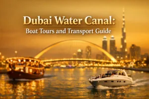 A boat sails along the illuminated Dubai Water Canal at night.