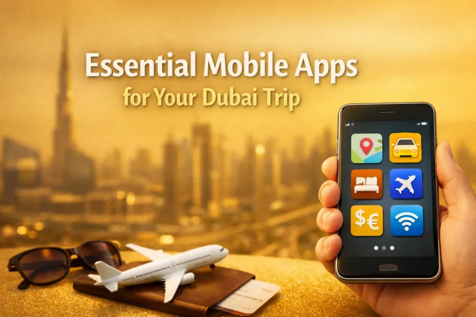 A smartphone showing icons of popular Dubai travel apps in front of a city skyline during sunset.
