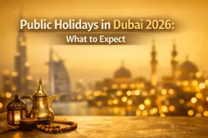 Dubai public holidays 2026 with a view of the city skyline and a traditional lamp in the foreground.