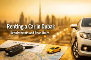 A yellow toy car and a map on a wooden table with a Dubai cityscape in the background, illustrating renting a car in Dub…