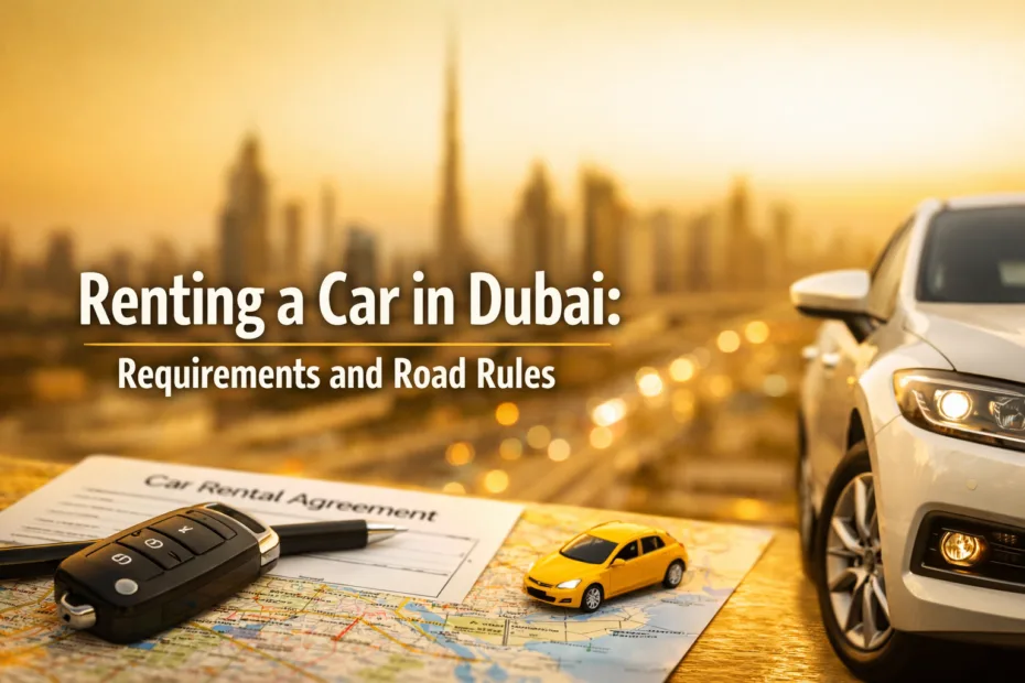 A yellow toy car and a map on a wooden table with a Dubai cityscape in the background, illustrating renting a car in Dub…