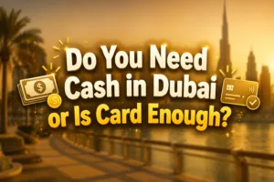 A person holding a credit card with Dubai city lights in the background, showing if cash is needed or card suffices.