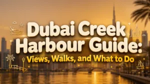 People walk along Dubai Creek Harbour with beautiful city views in the background.