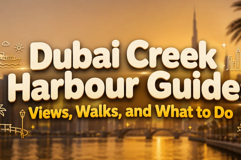 People walk along Dubai Creek Harbour with beautiful city views in the background.