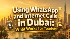 A tourist using WhatsApp and making internet calls in Dubai to stay connected during their trip.