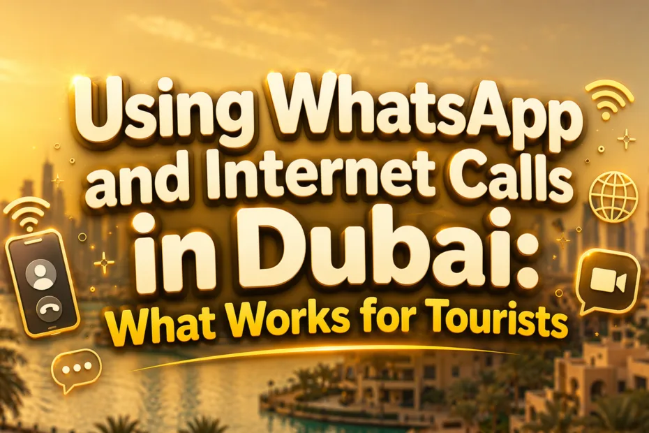 A tourist using WhatsApp and making internet calls in Dubai to stay connected during their trip.