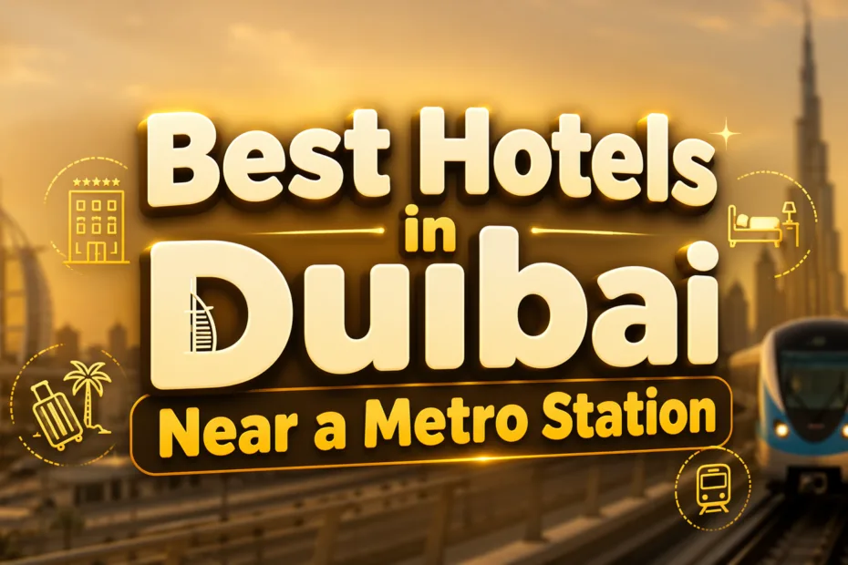 Bright sign showing the best hotels in Dubai near a metro station for easy city access.