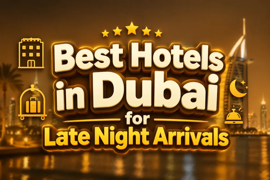 Bright neon signs in Dubai showing the best hotels for late night arrivals in the city.