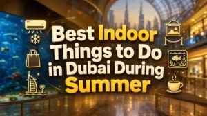 A vibrant indoor shopping mall in Dubai with colorful lights and people shopping happily.