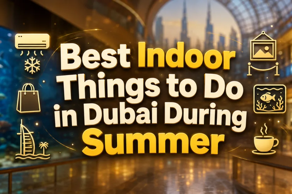 A vibrant indoor shopping mall in Dubai with colorful lights and people shopping happily.