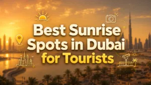 A beautiful sunrise over Dubai with the city skyline and silhouettes of people enjoying the early morning view.