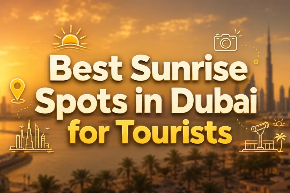 A beautiful sunrise over Dubai with the city skyline and silhouettes of people enjoying the early morning view.